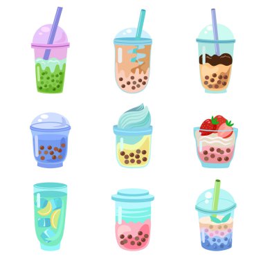 Set of bubble tea cup. Cartoon gasses of milk shakes. Asian food collection. 