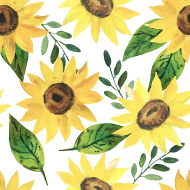 Açık sarı ayçiçekleri ve yeşil yapraklarla sulu boya deseni