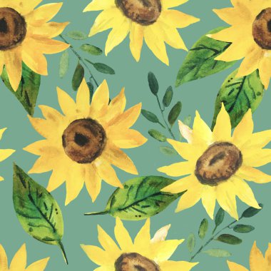 Açık sarı ayçiçekleri ve yeşil yapraklarla sulu boya deseni