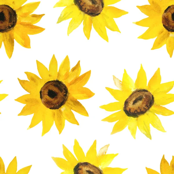 Aquarell nahtloses Muster mit leuchtend gelben Sonnenblumen und grünen Blättern — Stockfoto