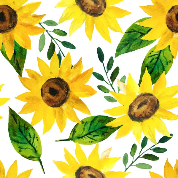 Акварельний безшовний візерунок з яскраво-жовтими соняшниками та зеленим листям — стокове фото