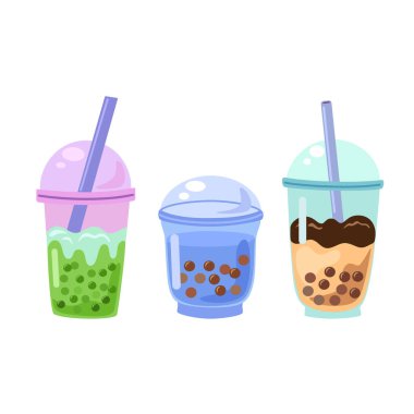 Set of bubble tea cup. Cartoon glasses of milk shakes. Asian food collection. 