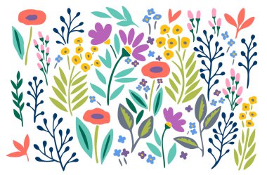 Beyaz arka planda izole edilmiş büyük bir çiçek seti ve bitki elementleri.