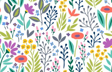 Şirin çiçekleri olan kusursuz desen ve tasarım ve kumaş için bitki elementleri.