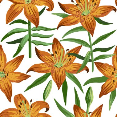 Bahçe turuncu zambakları sanatsal gerçekçilik tarzında kusursuz desen..