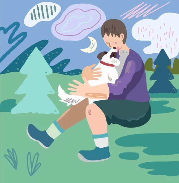Pojken hittade den förlorade hunden. Barnet kramar en valp på naturens bakgrund. Vektorillustration — Stock vektor