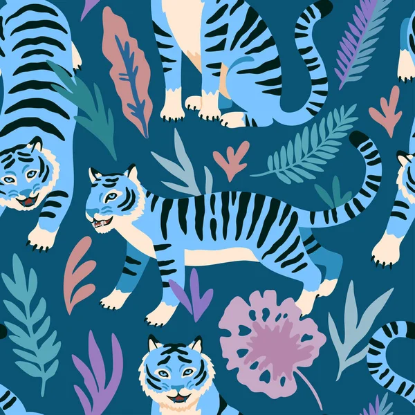 かわいい漫画のトラとドアの熱帯の葉とシームレスなパターン. — ストックベクタ