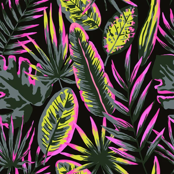 Seamless pattern with modern neon tropical leaves and plants for design and textile.
