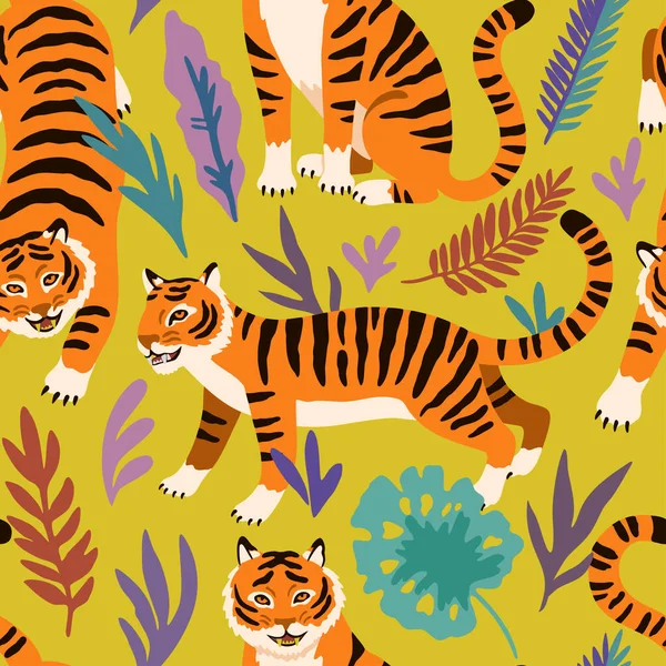 Patrón sin costuras con tigres de dibujos animados lindo y hojas tropicales garabato. — Vector de stock