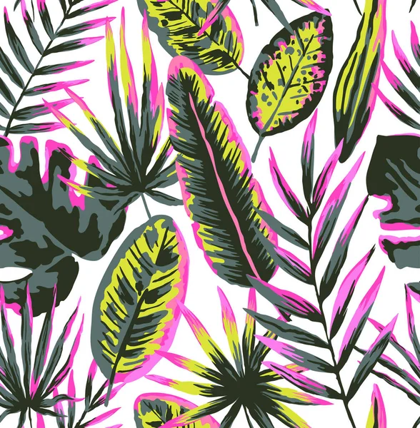 Бесшовный рисунок с современными неоновыми тропическими листьями и растениями для дизайна и текстиля. — стоковый вектор