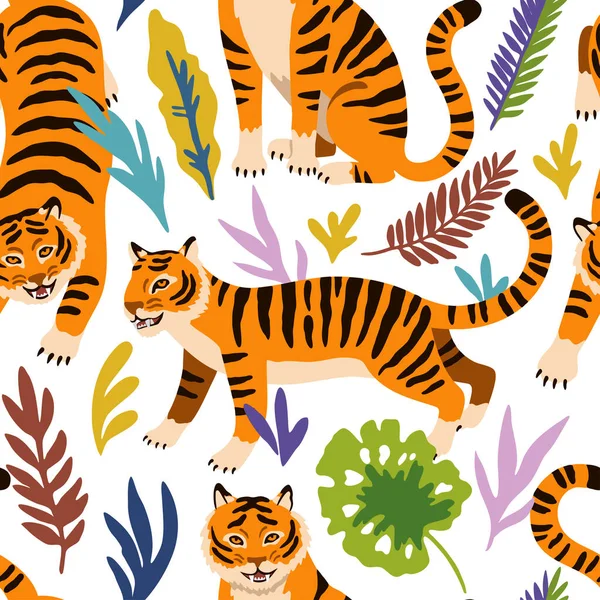 Sömlöst mönster med söta tecknade tigrar och klotter tropiska blad. — Stock vektor