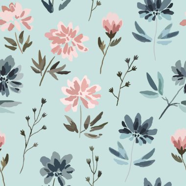 Beyaz arka planda izole edilmiş suluboya şeklinde şirin, narin pastel çiçekleri olan kusursuz bir desen..