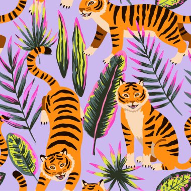 Çizgi film kaplanları ve tropikal yapraklarla kusursuz desen.. 