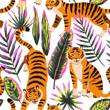 Çizgi film kaplanları ve tropikal yapraklarla kusursuz desen.. 