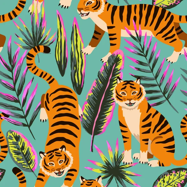 Seamless pattern with cute cartoon tigers and doodle tropical leaves. 