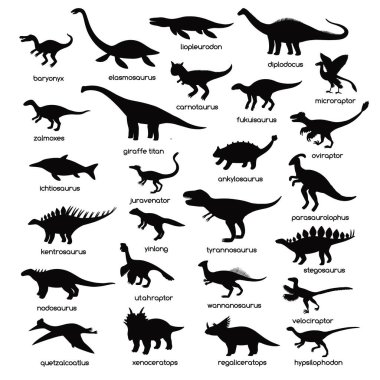 Beyaz arka planda izole edilmiş büyük siyah beyaz dinozor siluetleri.. 