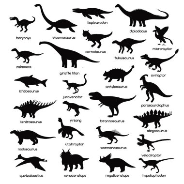 Big set of black and white dinosaur silhouettes isolated on white background.  clipart