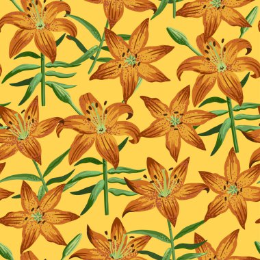 Bahçe turuncu zambakları sanatsal gerçekçilik tarzında kusursuz desen..