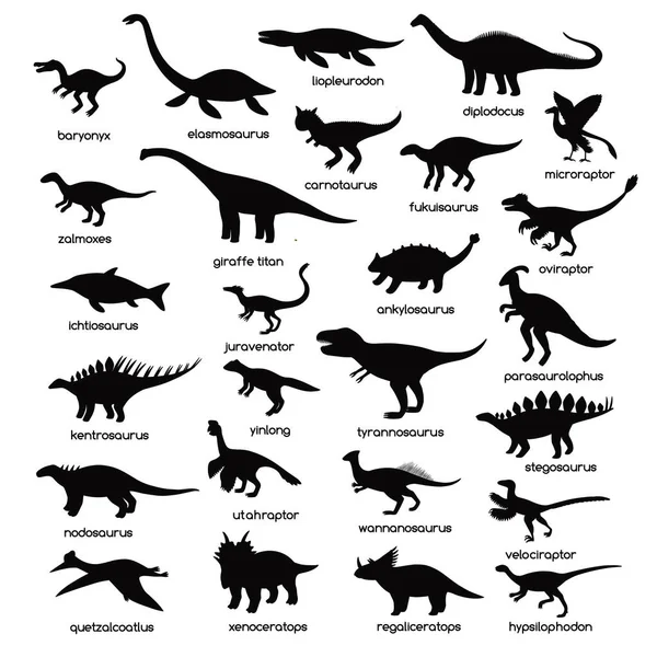 Gran conjunto de siluetas de dinosaurio blanco y negro aisladas sobre fondo blanco. — Archivo Imágenes Vectoriales