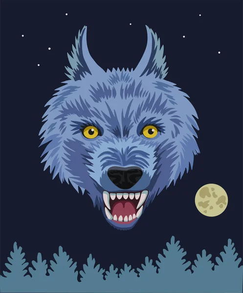 Konzept des wütenden Wolfes auf dunklem Hintergrund. Zeichentrickfilm beängstigend aggressives Wolfsporträt mit großen Reißzähnen im nächtlichen Wald. — Stockvektor