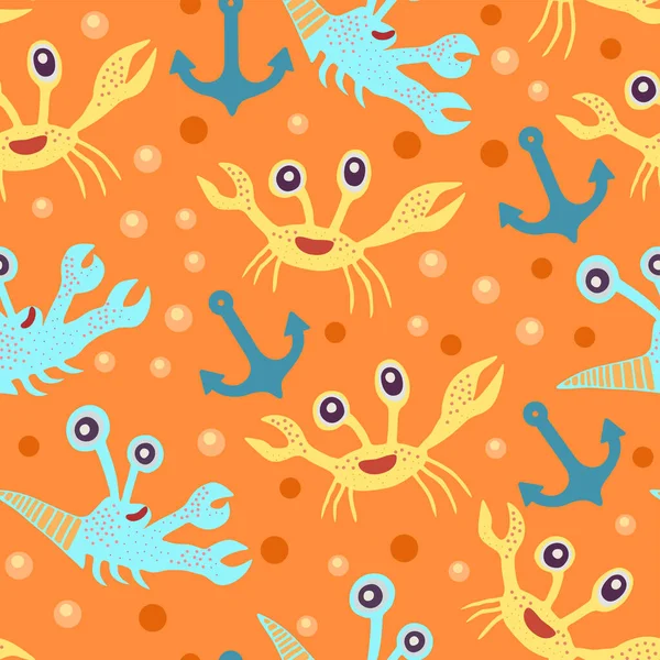 Pola mulus lucu dengan kepiting. Cetakan corat-coret kartun dengan makhluk laut bahagia untuk anak-anak dan tekstil dan dekorasi.. - Stok Vektor