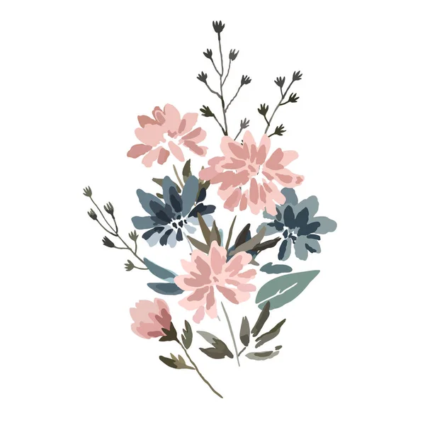 Dekorative Komposition mit niedlichen zarten Pastellblumen im Aquarellstil isoliert auf weißem Hintergrund. — Stockvektor