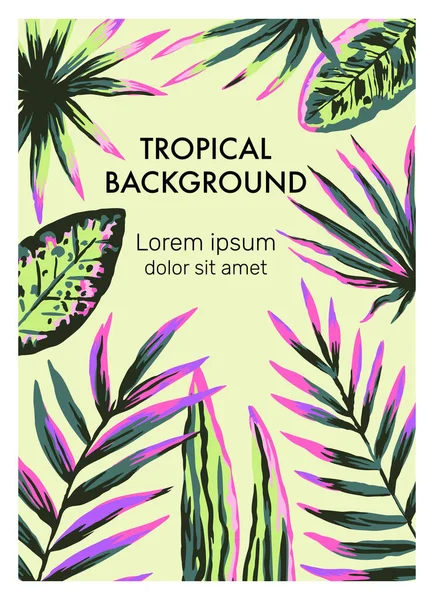 Originele vectorsjabloon met handgetekende neon jungle palmbladeren en takken. Zomer natuur achtergrond. — Stockvector