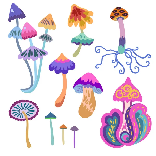 Set van psychedelische en sprookjesachtige kleurrijke paddenstoelen geïsoleerd op witte achtergrond. Vector hand getekend illustratie. — Stockvector