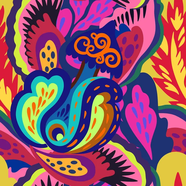 Motif sans couture coloré avec des éléments psychédéliques abstraits organiques fous, imprimé avec des plantes et des champignons — Image vectorielle