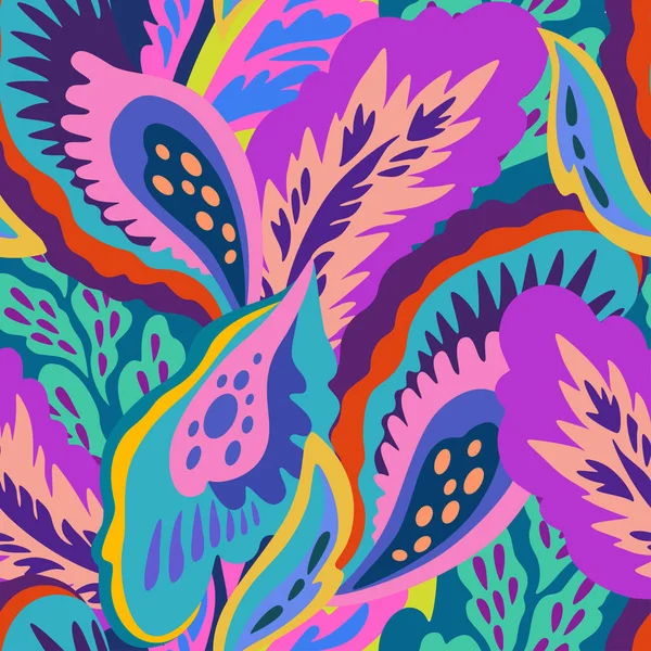 Helle Farbenfrohe Nahtlose Muster Mit Floralen Und Pflanzlichen Elementen Psychedelisch — Stockvektor