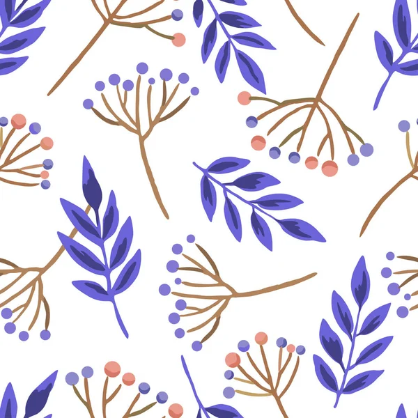 Naadloos patroon met bessen takken en doodle herfstbladeren. Vector hand getekend illustratie. — Stockvector