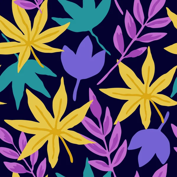 Naadloos patroon met krabbelbladeren en abstracte plantenelementen. — Stockvector