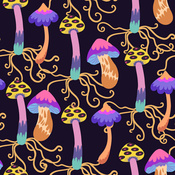 Seamless pattern with psychedelic and fairy colorful mushrooms. Vector hand drawn illustration.