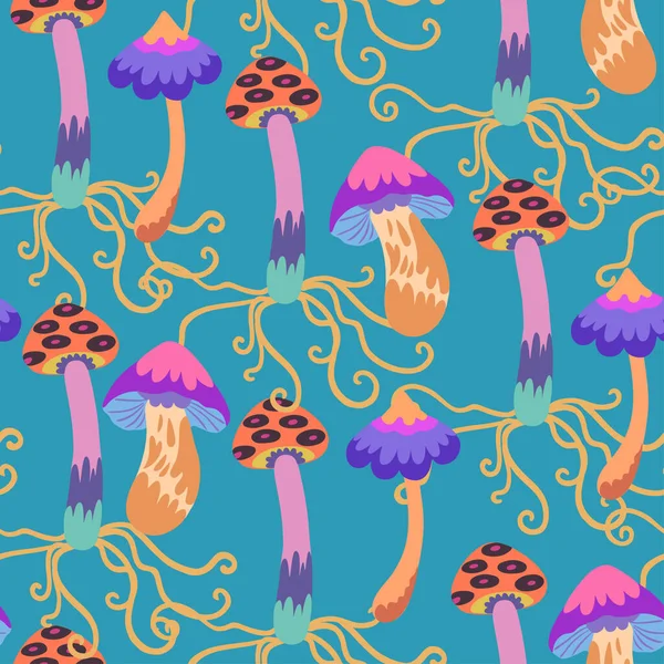 Modèle sans couture avec des champignons psychédéliques et féeriques colorés. Illustration vectorielle dessinée main. — Image vectorielle