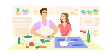 Bir çift mutfakta romantik bir akşam yemeği hazırlıyor. Genç bir adam ve kadın, modern iç mekan, bir bardak şarap ve şişe, sağlıklı salata için taze sebzeler. Sevgililer Günü vektör illüstrasyonu.