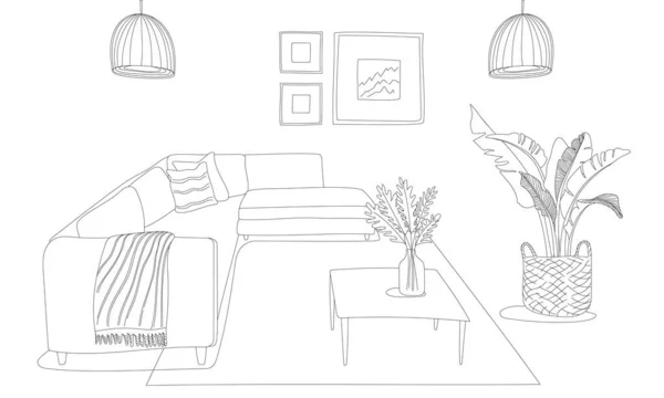 Minimalistic Living Interior Linie Artă Schiță Desen Canapea Măsuță Cafea — Vector de stoc