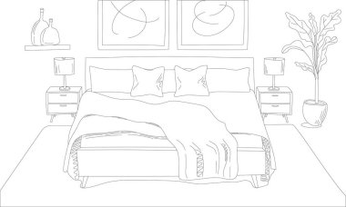 Yatak odası içi çizim çizimi, büyük boy yatak ve battaniyeli çizim, komodinlerin üzerine lambalar, saksıya bitki, ve duvara çerçevelenmiş sanat eseri. Vektör resim gösterimi.