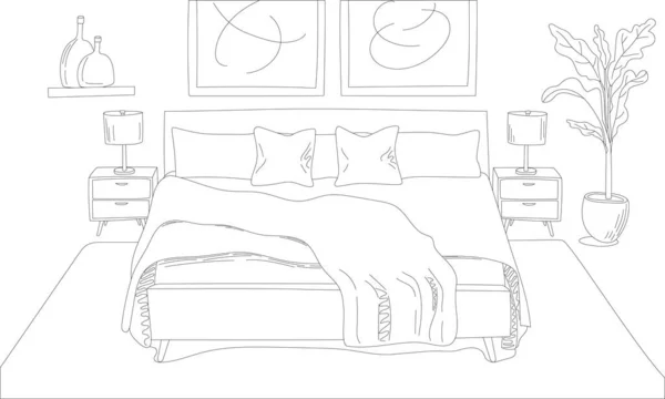 Slaapkamer Interieur Illustratie Lijn Kunst Schets Tekening Met Kingsize Bed — Stockvector