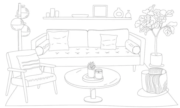 アームチェア コーヒーテーブル ソファ バスケットのフィカスの木 インテリアランプで描く線画のリビングルームのイラスト ベクター画像のコンセプトイラスト — ストックベクタ