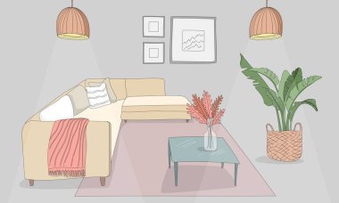 Minimalist oturma odası rengarenk iç çizim çizim çizimi çizim çizimi bir kanepe, sehpa, çaydanlıkta yeşil bitki, iç lambalar ve duvarda çerçevelenmiş sanat eseri..