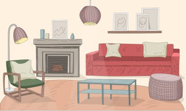 İçinde şömine, koltuk, kanepe, iç lambalar ve çerçevelenmiş sanat eserleri olan renkli bir oturma odası çizim çizimi..