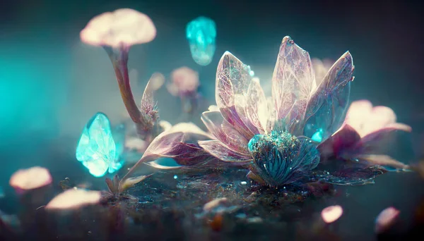 Beautiful fantasy flower with glowing cyan color. 3D illustration