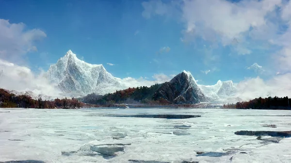 Beautiful landscape with ice mountain and frozen lake. 3D rendering