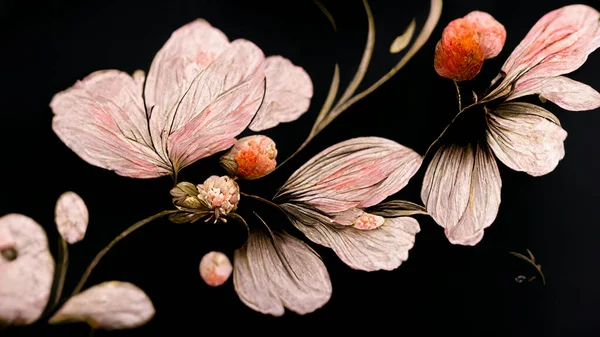 3d rendering. Blush pink sakura wild flowers isolated on black background design