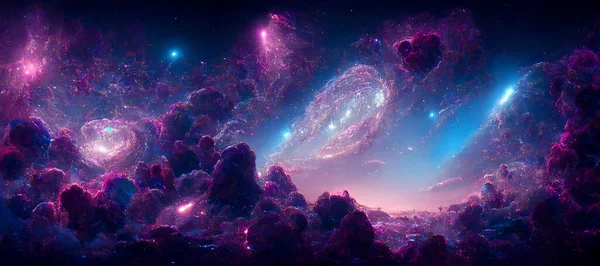Violet, pink, blue and cyan universe. Nebula and stars in the galaxy landscape. 3D Illustration