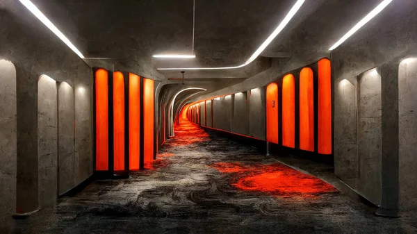 3D rendering. Underground building with neon lights background