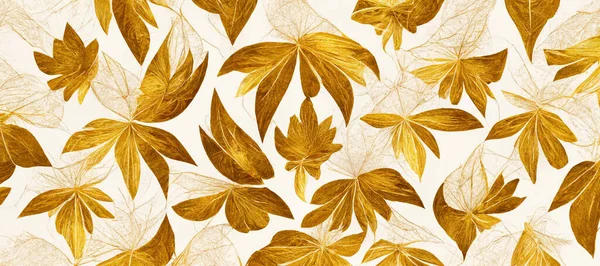 Autumn gold leaves pattern with exotic leaves on white background. 3D illustration