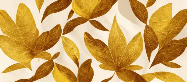 Autumn gold leaves pattern with exotic leaves on white background. 3D rendering