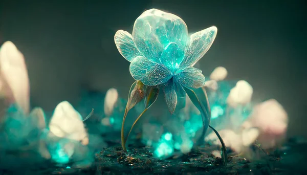 Beautiful fantasy flower with glowing cyan color. 3D rendering illustration