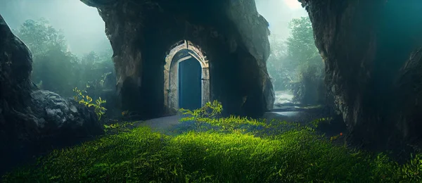 Fantasy portal gothic archway in magical forest. 3D illustration